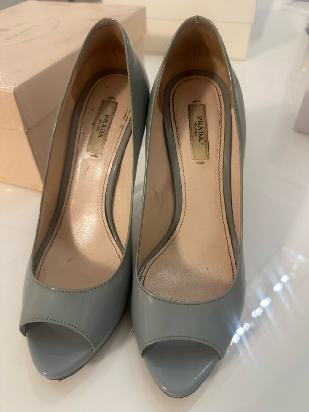 Prada Light Gray Patent Leather authentic Peep-Toe Pumps